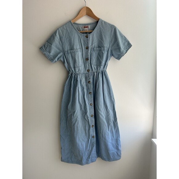 Vintage Fads Short Sleeve Button Down Denim Midi Dress Cottage Core Size PM - Picture 1 of 10